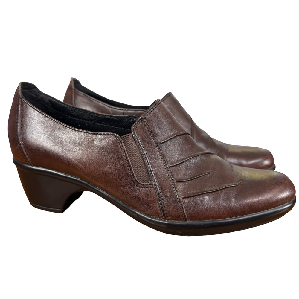 Clarks Partridge Brown Slip On Leather Clogs Chunky Heel Comfort Shoes sz 9 M